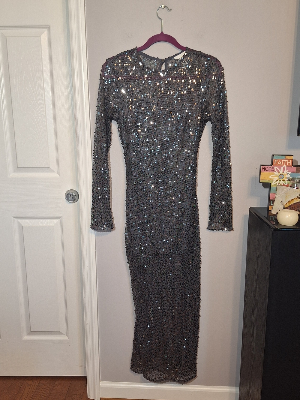 H&M Gunmetal Sequin Long-Sleeve Evening Dress